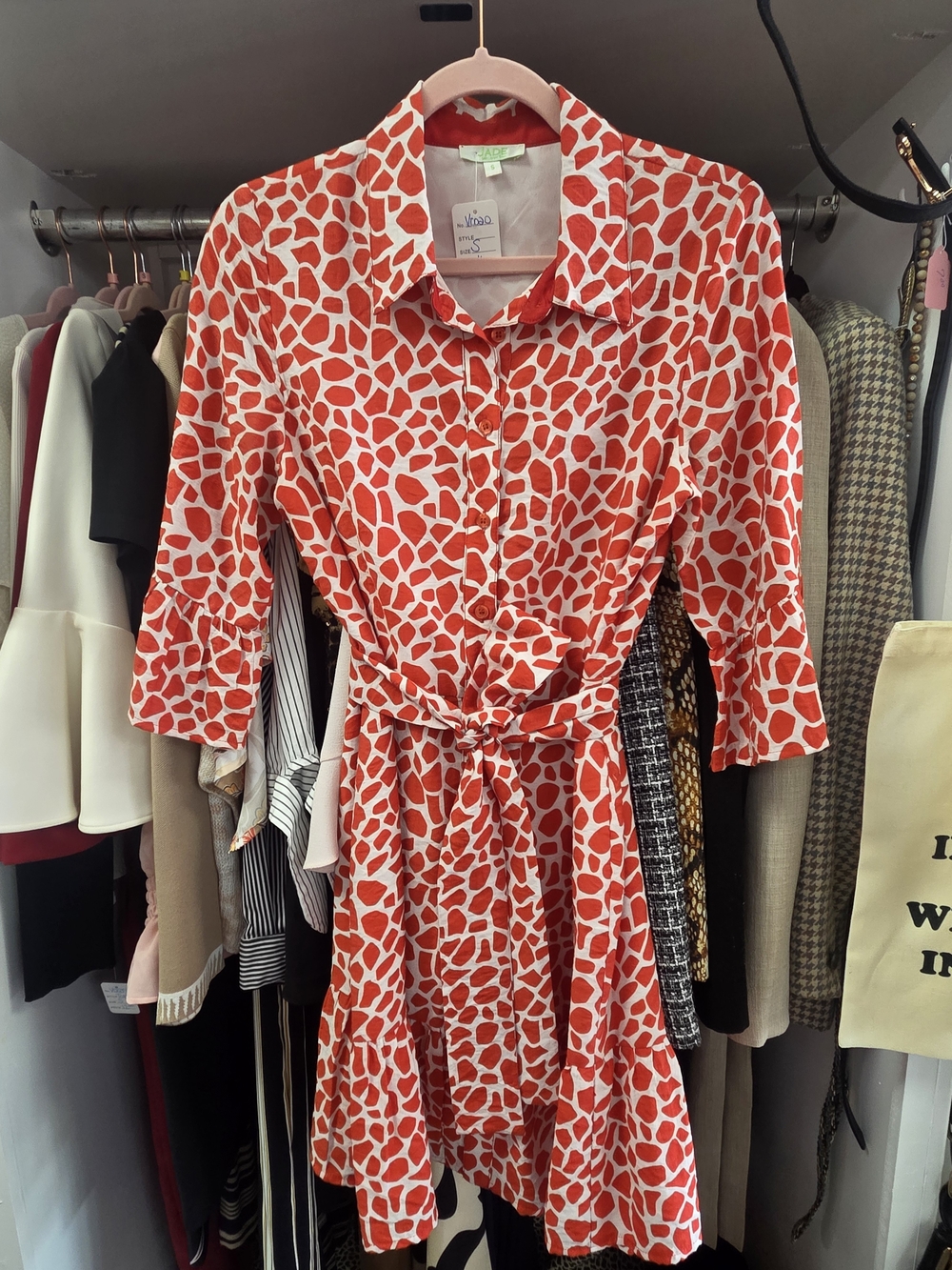 Jade Coral Red Abstract Print Shirt Midi Dress